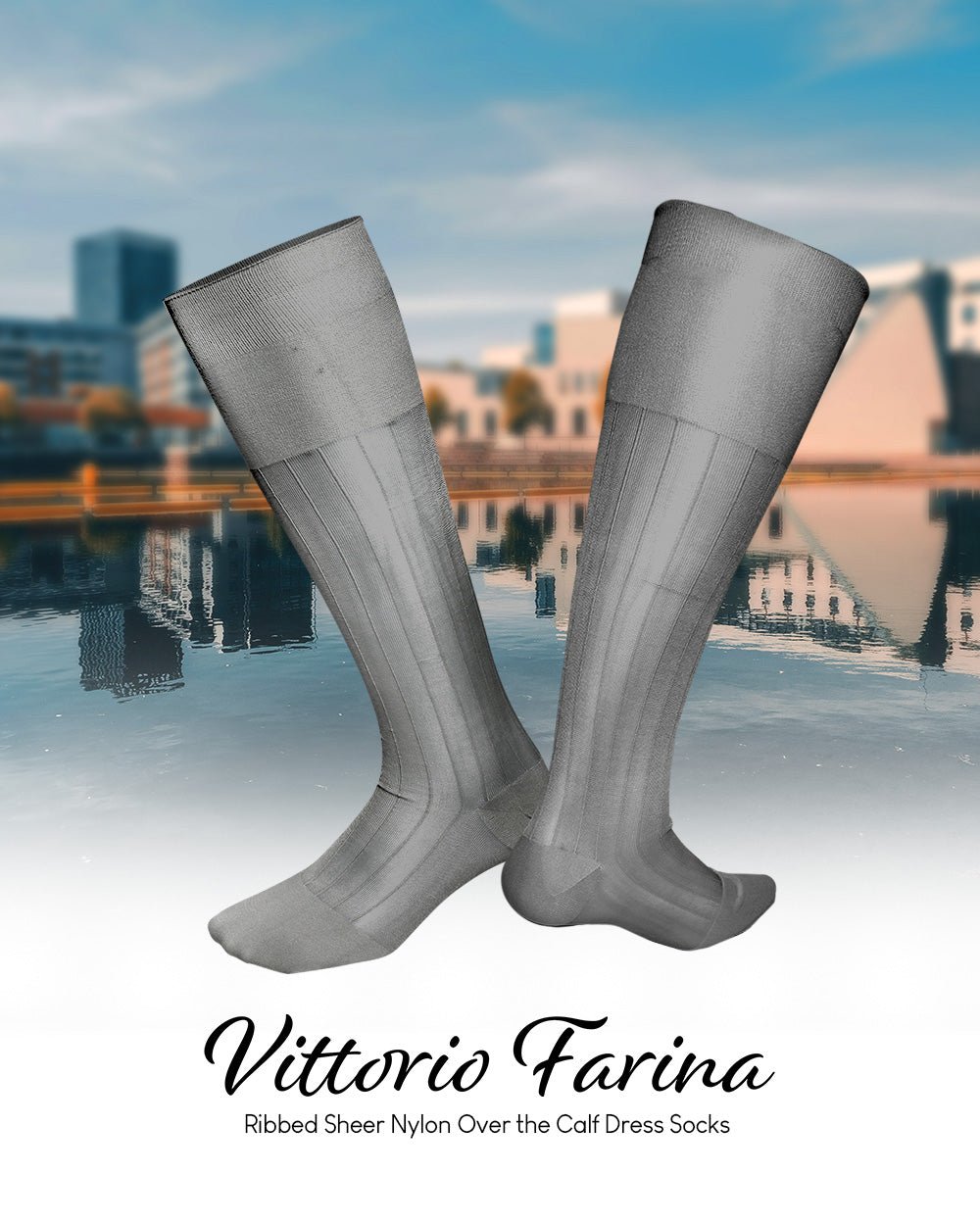 Vittorio Farina Men's Ribbed Shear Nylon Over The Calf Dress Socks - o - c - silver - grey - 3 - Classy Cufflinks