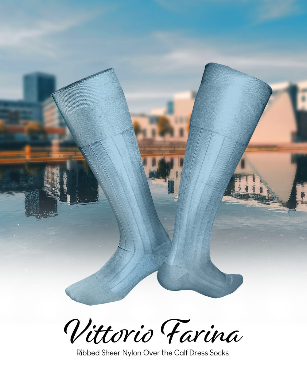 Vittorio Farina Men's Ribbed Shear Nylon Over The Calf Dress Socks - o - c - sky - 12 - Classy Cufflinks