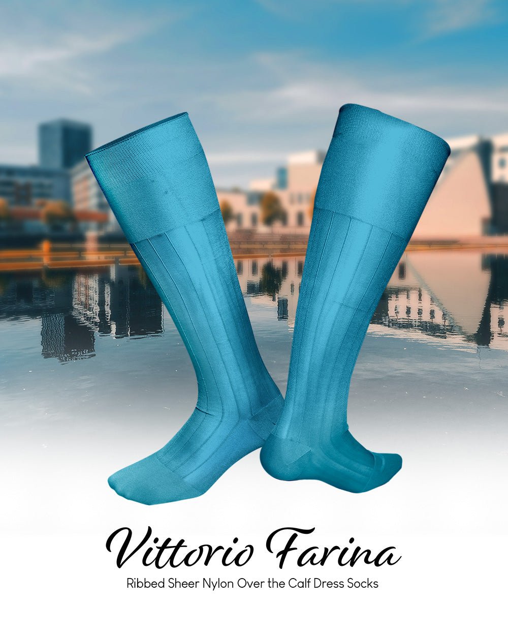 Vittorio Farina Men's Ribbed Shear Nylon Over The Calf Dress Socks - o - c - sky - 3 - Classy Cufflinks