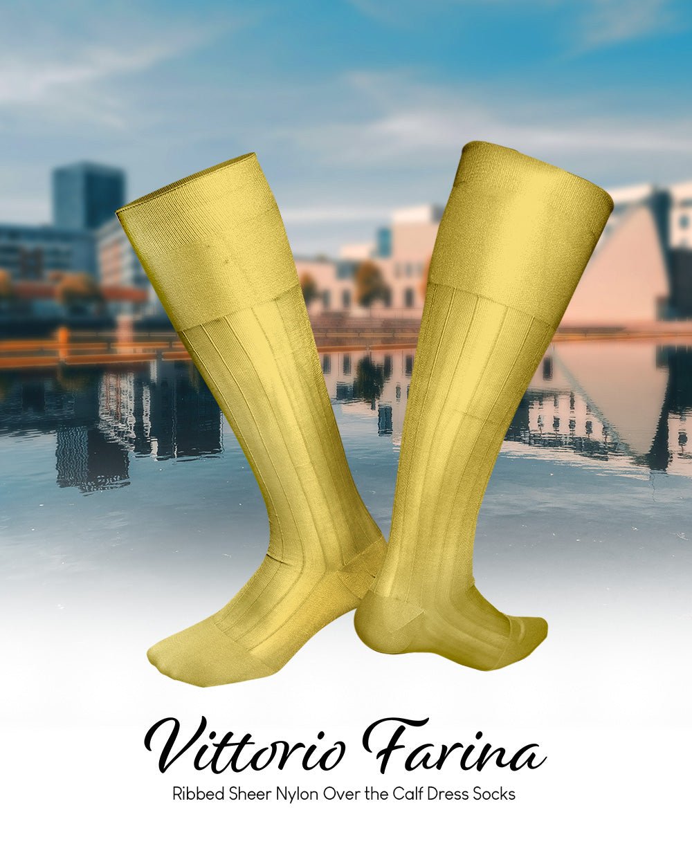 Vittorio Farina Men's Ribbed Shear Nylon Over The Calf Dress Socks - o - c - yellow - 3 - Classy Cufflinks