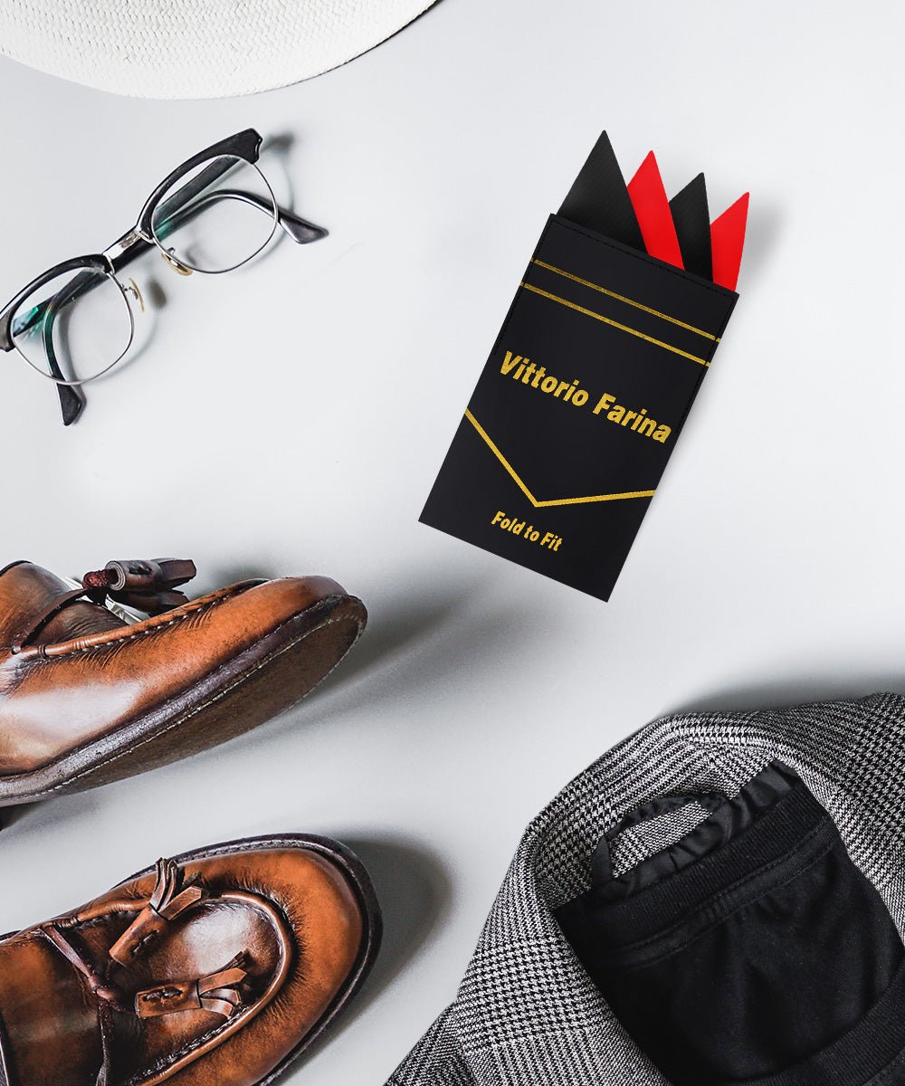 Vittorio Farina Pre - Folded Pocket Square (Two - Tone) - PS - PREFOLD_BLACK - RED - Classy Cufflinks