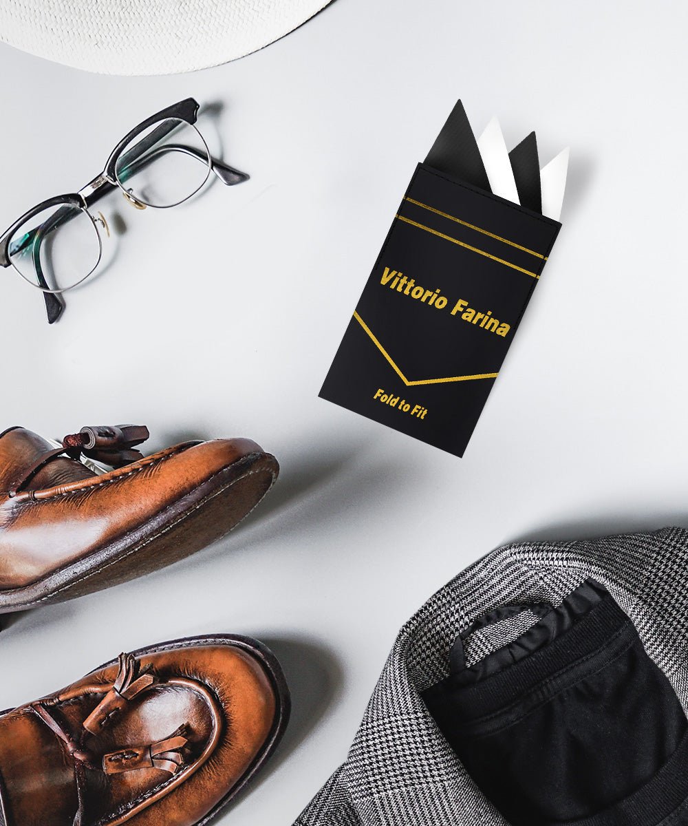 Vittorio Farina Pre - Folded Pocket Square (Two - Tone) - PS - PREFOLD_BLACK - WHITE - Classy Cufflinks