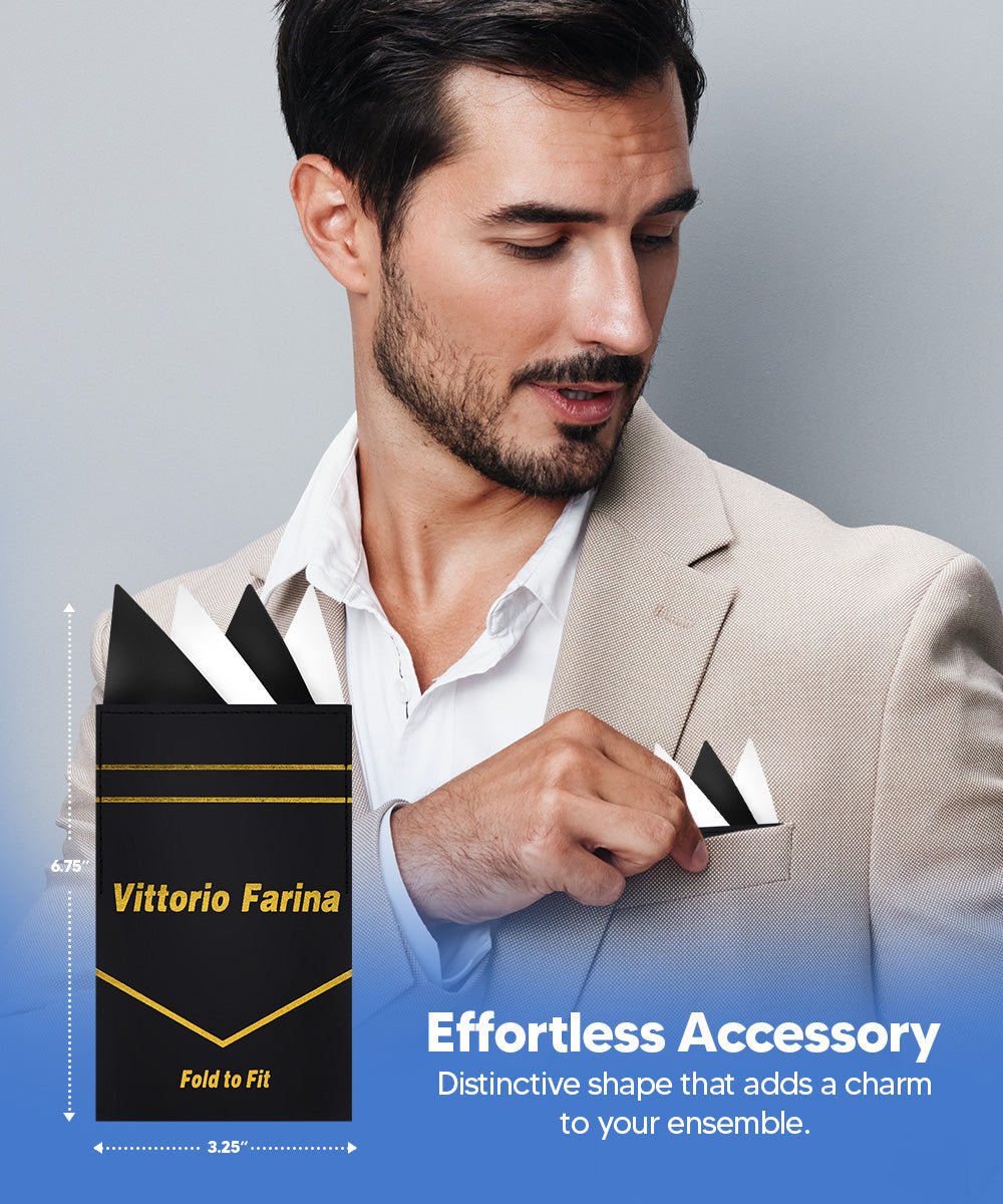 Vittorio Farina Pre - Folded Pocket Square (Two - Tone) - PS - PREFOLD_BLACK - WHITE - Classy Cufflinks