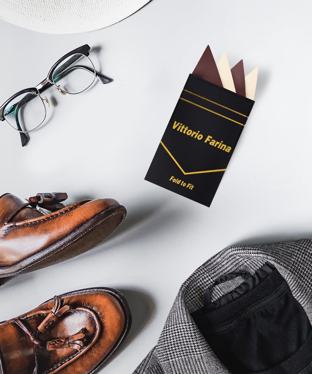 Vittorio Farina Pre - Folded Pocket Square (Two - Tone) - PS - PREFOLD_BROWN - IVORY - Classy Cufflinks