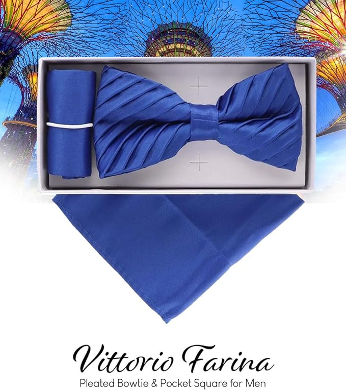 Vittorio Farina Pleated Bow Tie &amp; Pocket Square - rbh - 010 - Classy Cufflinks