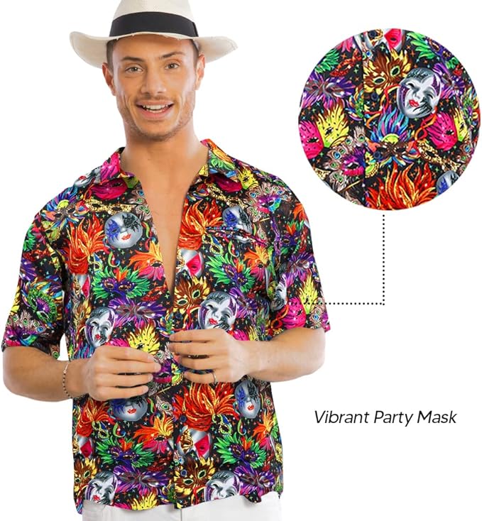 Vittorio Farina Vibrant Colorful Party Mask Print Mardi Gras Button Down Collar shirt - shirt_mardi_Mardi #0_S - Classy Cufflinks