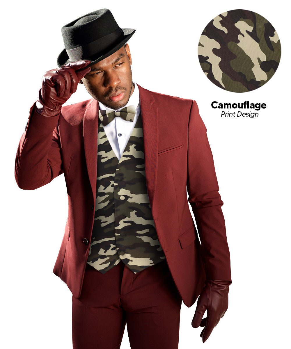 Vittorio Farina Kente Vest &amp; Bow Tie - vest_kente_BB_camo_S - Classy Cufflinks