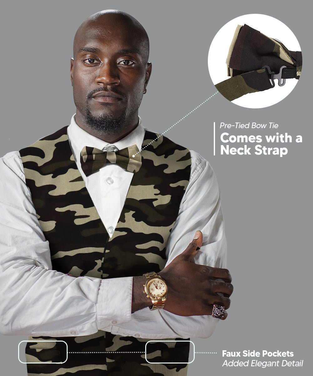 Vittorio Farina Kente Vest &amp; Bow Tie - vest_kente_BB_camo_S - Classy Cufflinks