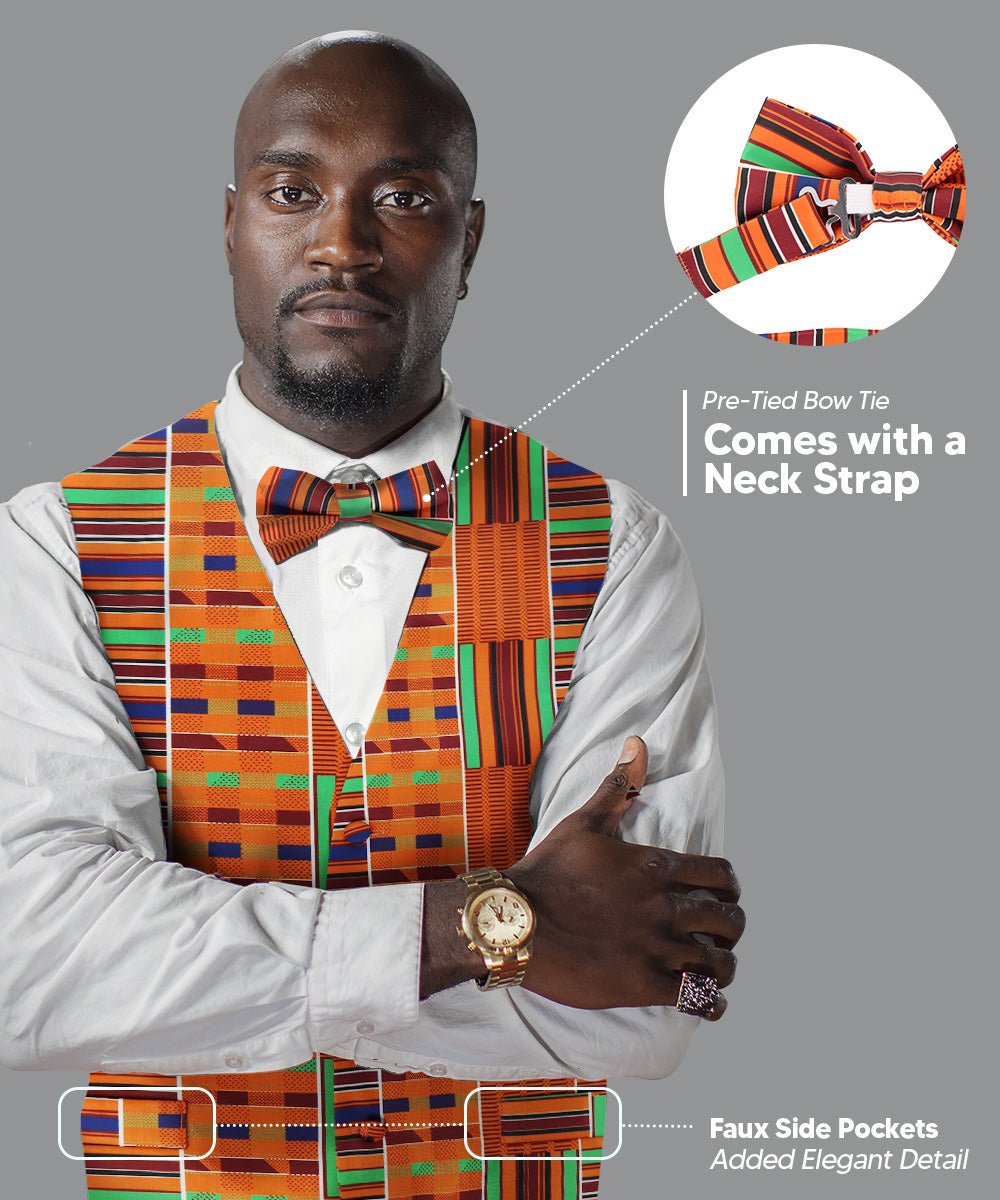 Vittorio Farina Kente Vest &amp; Bow Tie - vest_kente_BB_Kente #1_S - Classy Cufflinks