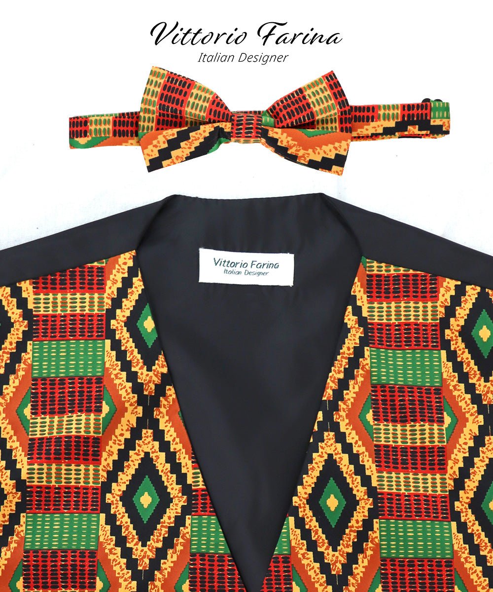 Vittorio Farina Kente Vest &amp; Bow Tie - vest_kente_BB_Kente #2_S - Classy Cufflinks
