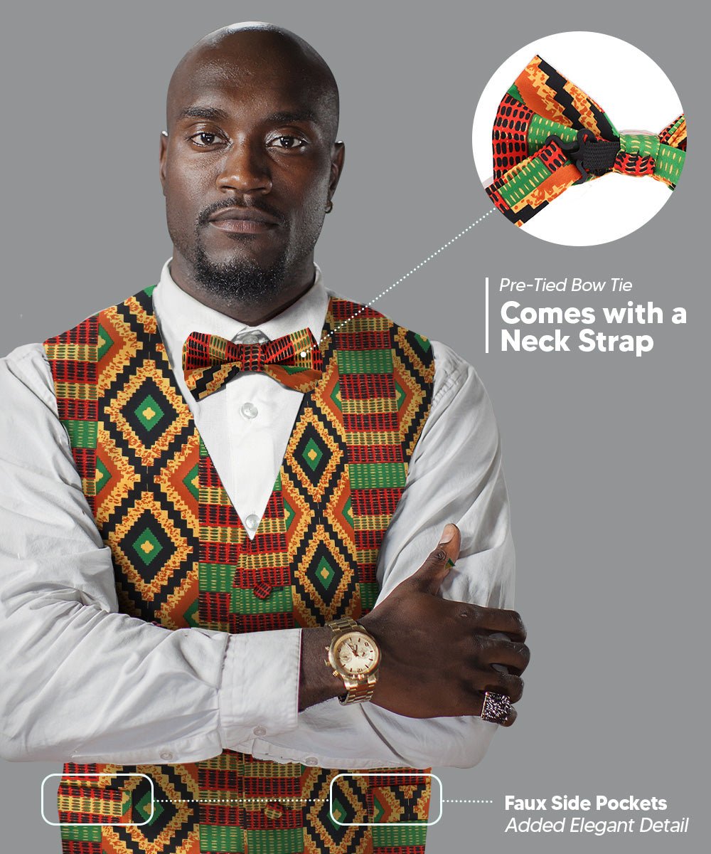 Vittorio Farina Kente Vest &amp; Bow Tie - vest_kente_BB_Kente #2_S - Classy Cufflinks