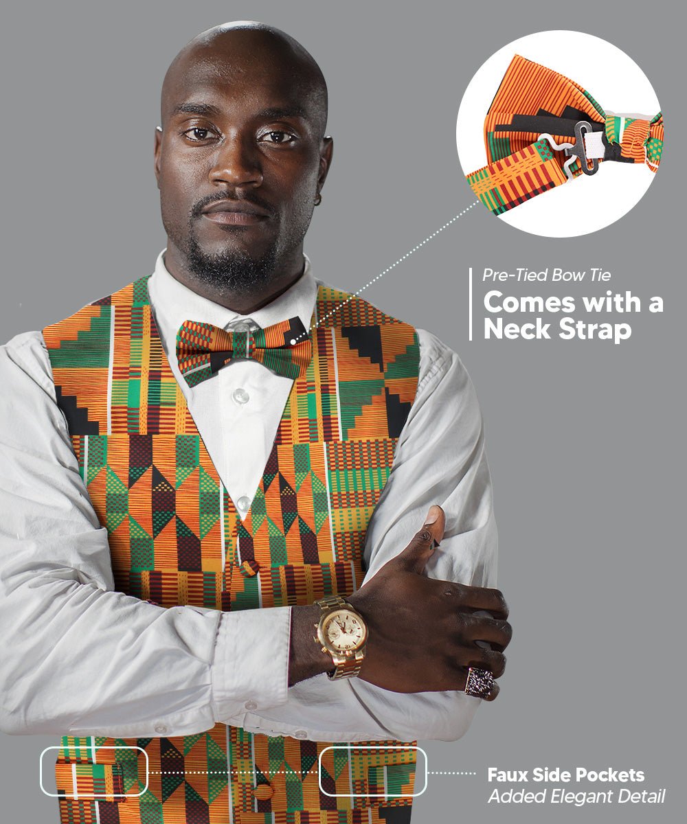 Vittorio Farina Kente Vest &amp; Bow Tie - vest_kente_BB_Kente #3_S - Classy Cufflinks