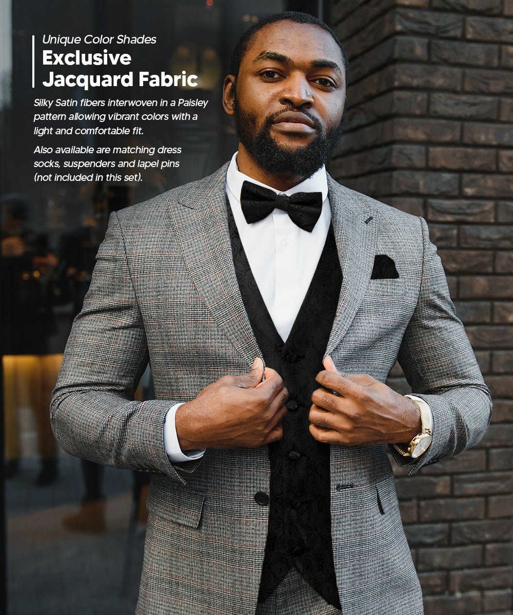 Vittorio Farina Men's Woven Paisley Vest, Necktie, Bow Tie and Pocket Square Set (Black Back) - vest_paisley_BB_black_XS - Classy Cufflinks