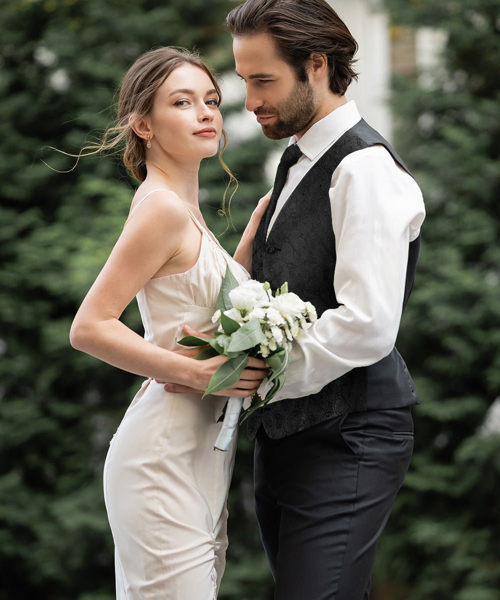 Vittorio Farina Men's Woven Paisley Vest, Necktie, Bow Tie and Pocket Square Set (Black Back) - vest_paisley_BB_black_XS - Classy Cufflinks