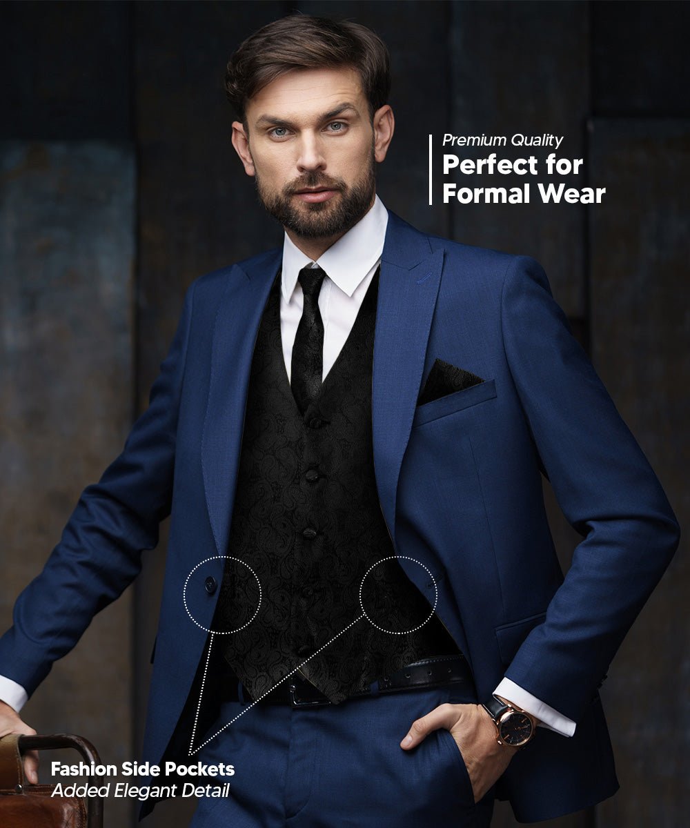 Vittorio Farina Men's Woven Paisley Vest, Necktie, Bow Tie and Pocket Square Set (Black Back) - vest_paisley_BB_black_XS - Classy Cufflinks