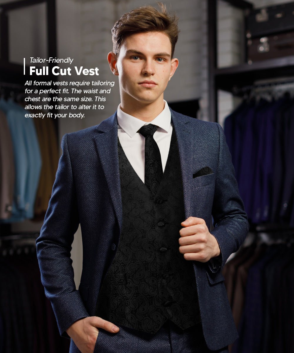Vittorio Farina Men's Woven Paisley Vest, Necktie, Bow Tie and Pocket Square Set (Black Back) - vest_paisley_BB_black_XS - Classy Cufflinks