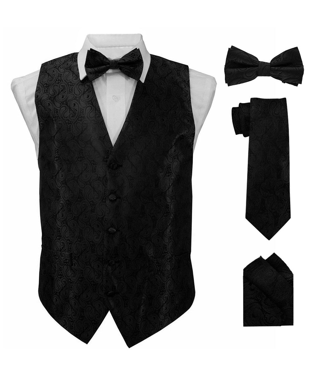 Vittorio Farina Men's Woven Paisley Vest, Necktie, Bow Tie and Pocket Square Set (Black Back) - vest_paisley_BB_black_XS - Classy Cufflinks