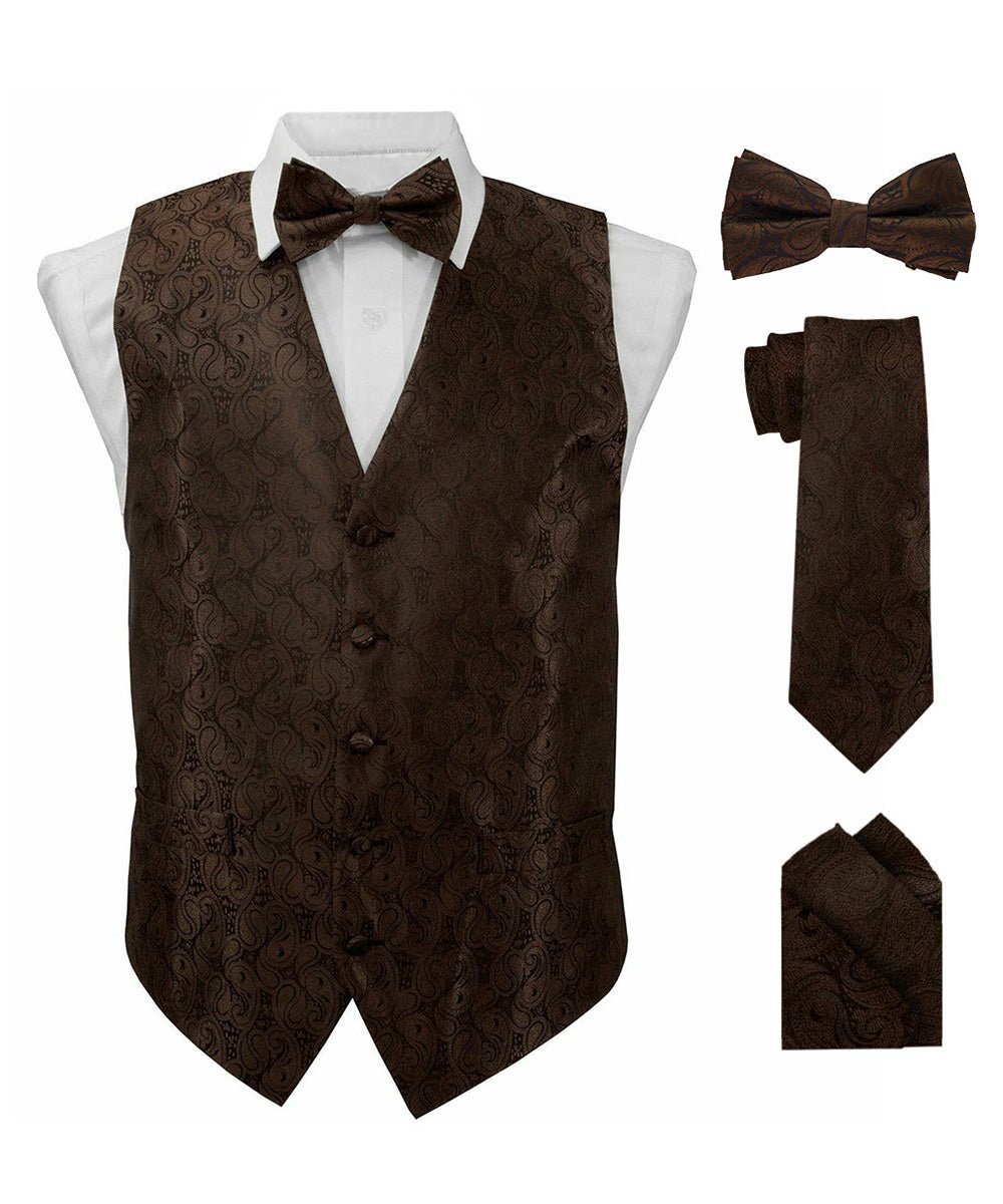 Vittorio Farina Men's Woven Paisley Vest, Necktie, Bow Tie and Pocket Square Set (Black Back) - vest_paisley_BB_brown_XS - Classy Cufflinks