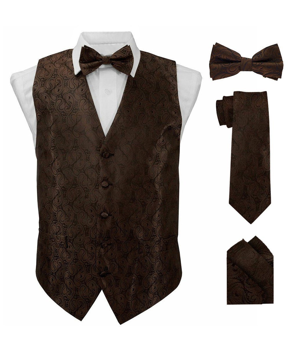 Vittorio Farina Men's Woven Paisley Vest, Necktie, Bow Tie and Pocket Square Set (Black Back) - vest_paisley_BB_brown_XS - Classy Cufflinks