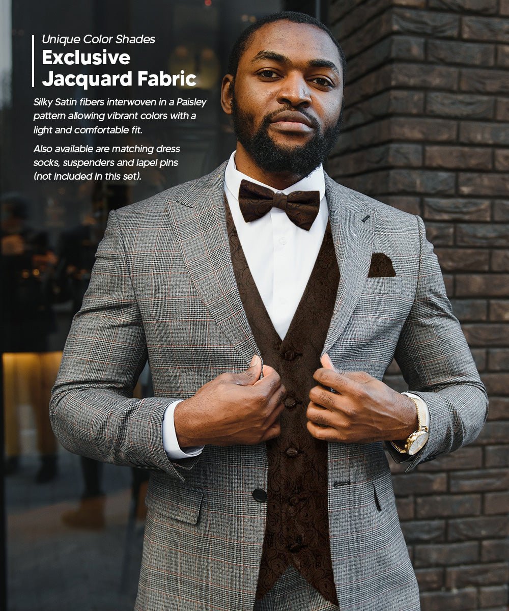 Vittorio Farina Men's Woven Paisley Vest, Necktie, Bow Tie and Pocket Square Set (Black Back) - vest_paisley_BB_brown_XS - Classy Cufflinks