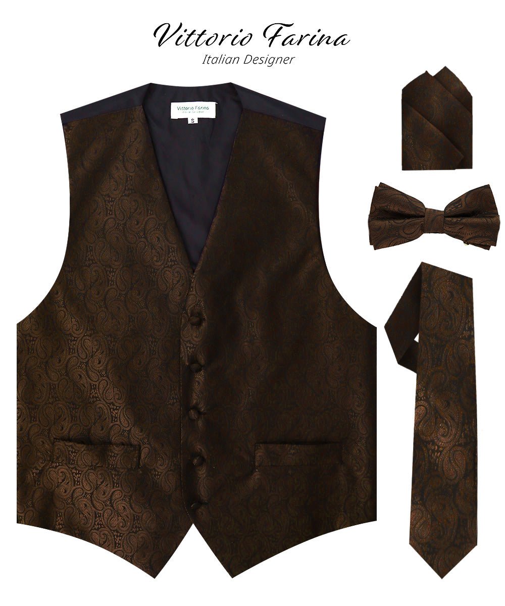 Vittorio Farina Men's Woven Paisley Vest, Necktie, Bow Tie and Pocket Square Set (Black Back) - vest_paisley_BB_brown_XS - Classy Cufflinks