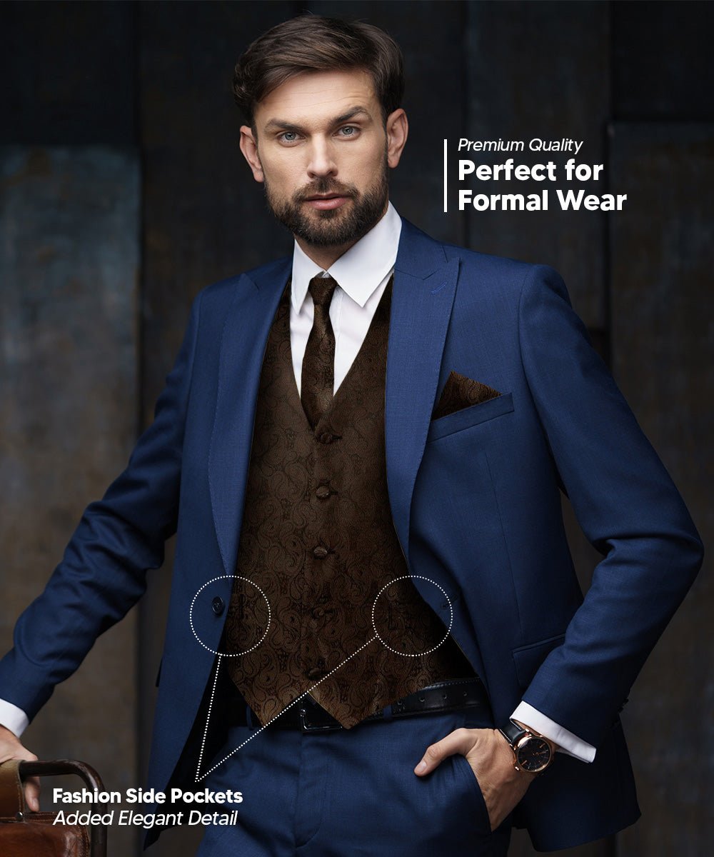 Vittorio Farina Men's Woven Paisley Vest, Necktie, Bow Tie and Pocket Square Set (Black Back) - vest_paisley_BB_brown_XS - Classy Cufflinks