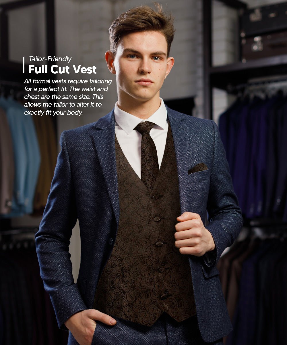 Vittorio Farina Men's Woven Paisley Vest, Necktie, Bow Tie and Pocket Square Set (Black Back) - vest_paisley_BB_brown_XS - Classy Cufflinks