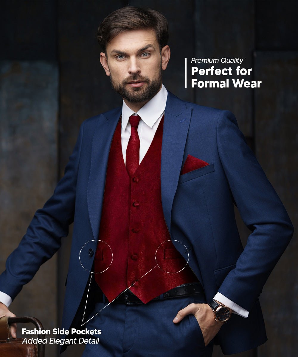 Vittorio Farina Men's Woven Paisley Vest, Necktie, Bow Tie and Pocket Square Set (Black Back) - vest_paisley_BB_burgundy_XS - Classy Cufflinks