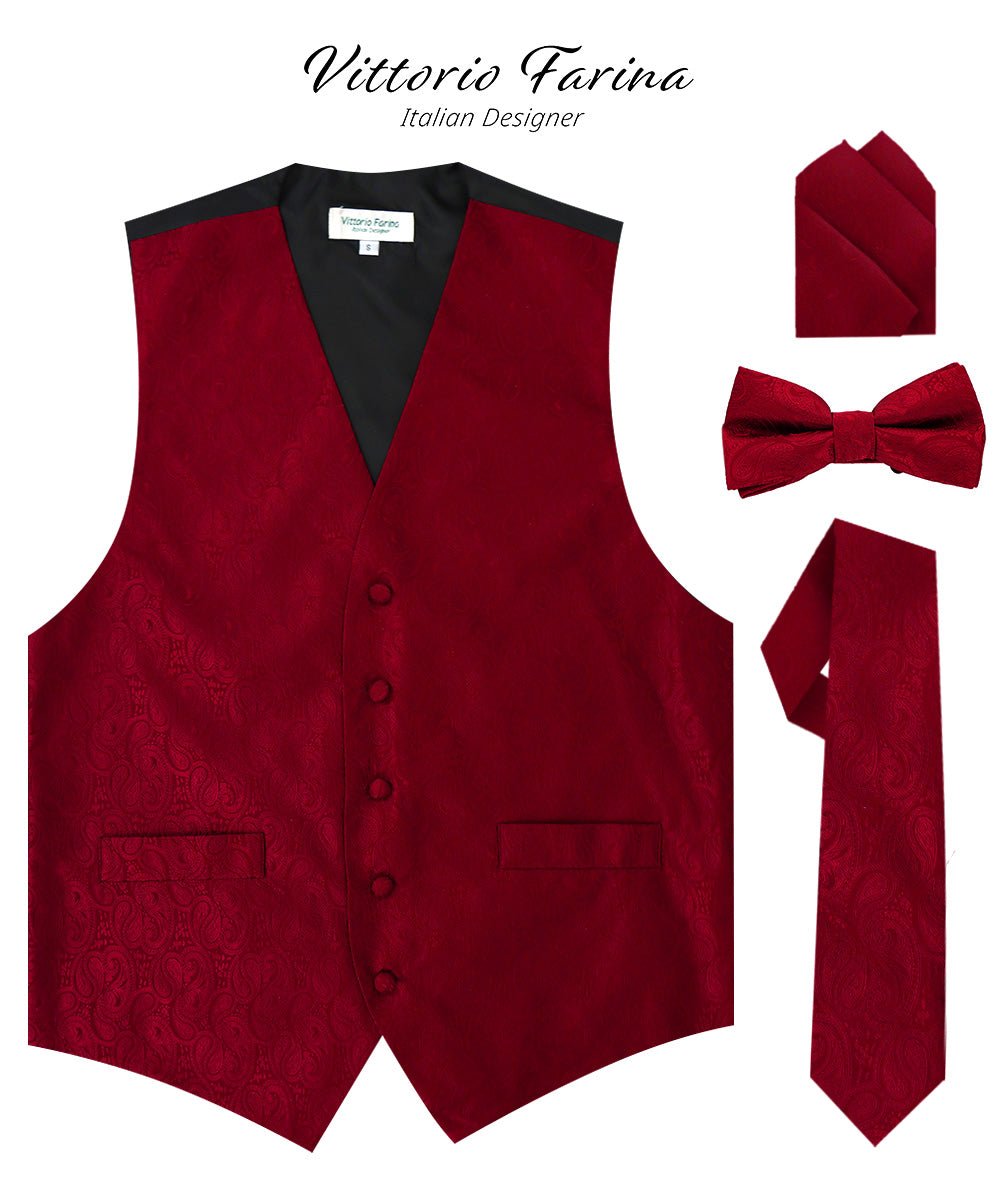 Vittorio Farina Men's Woven Paisley Vest, Necktie, Bow Tie and Pocket Square Set (Black Back) - vest_paisley_BB_burgundy_XS - Classy Cufflinks