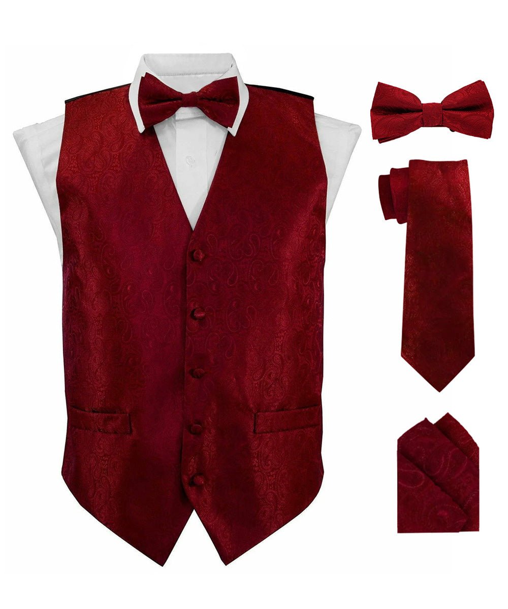 Vittorio Farina Men's Woven Paisley Vest, Necktie, Bow Tie and Pocket Square Set (Black Back) - vest_paisley_BB_burgundy_XS - Classy Cufflinks