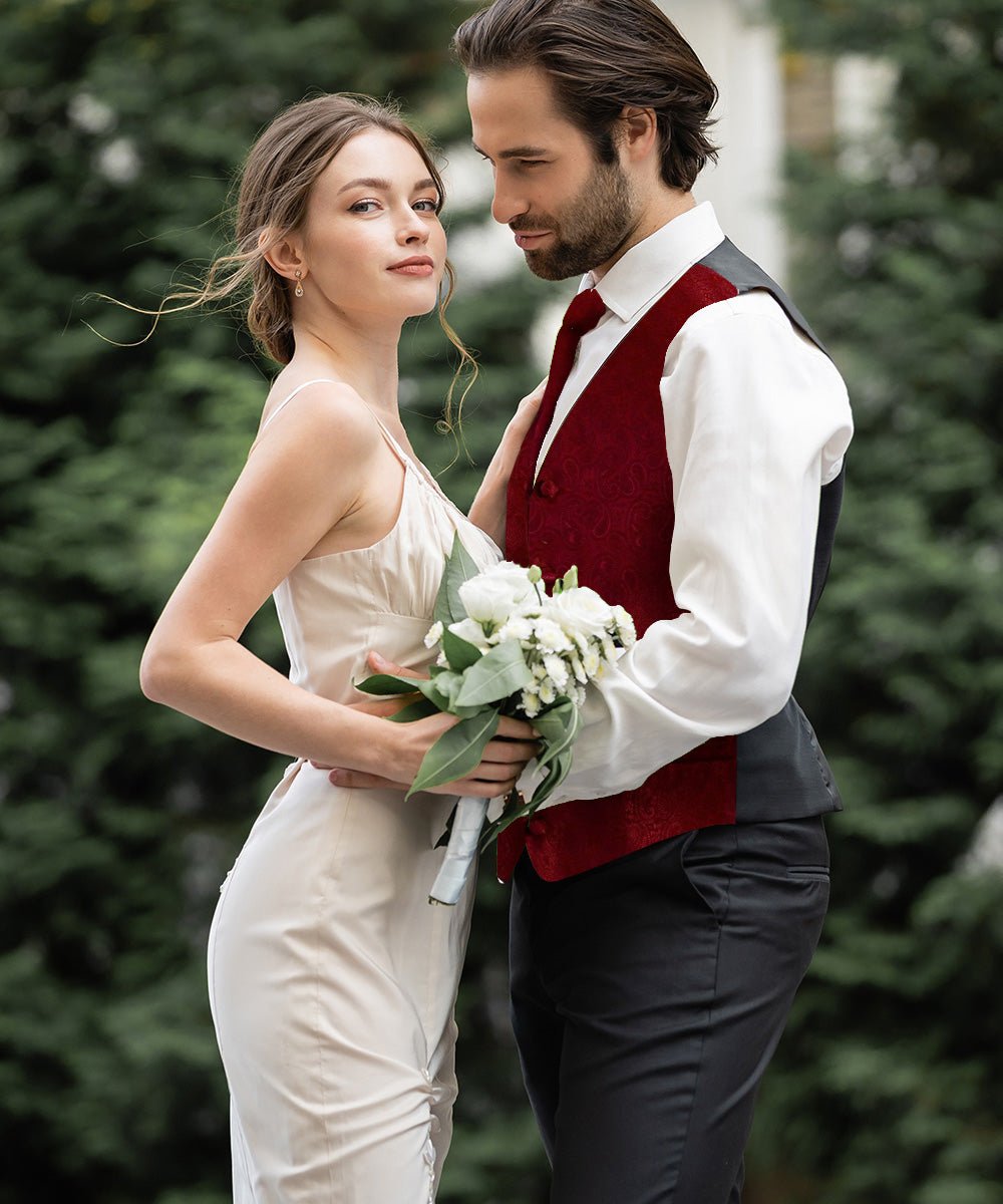 Vittorio Farina Men's Woven Paisley Vest, Necktie, Bow Tie and Pocket Square Set (Black Back) - vest_paisley_BB_burgundy_XS - Classy Cufflinks