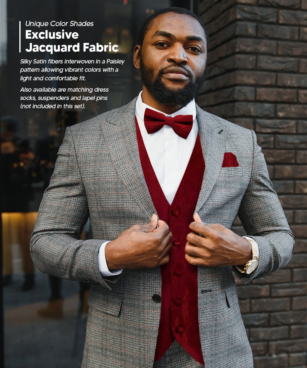 Vittorio Farina Men's Woven Paisley Vest, Necktie, Bow Tie and Pocket Square Set (Black Back) - vest_paisley_BB_burgundy_XS - Classy Cufflinks
