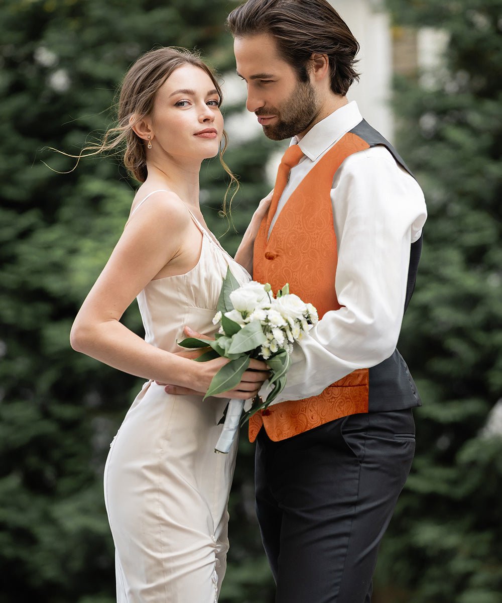 Vittorio Farina Men's Woven Paisley Vest, Necktie, Bow Tie and Pocket Square Set (Black Back) - vest_paisley_BB_burntorange_XS - Classy Cufflinks