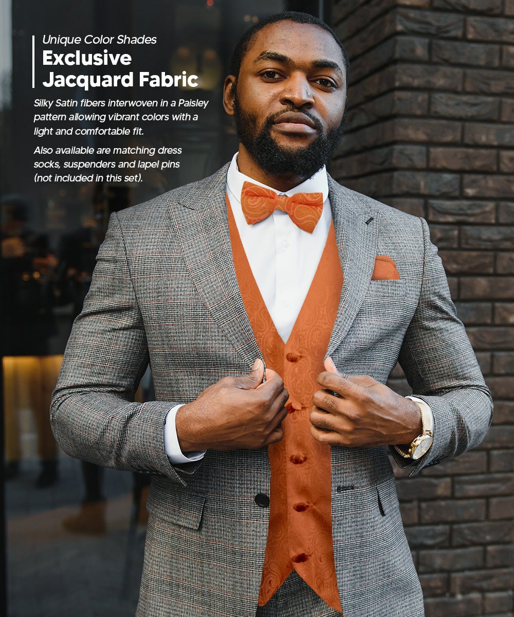 Vittorio Farina Men's Woven Paisley Vest, Necktie, Bow Tie and Pocket Square Set (Black Back) - vest_paisley_BB_burntorange_XS - Classy Cufflinks