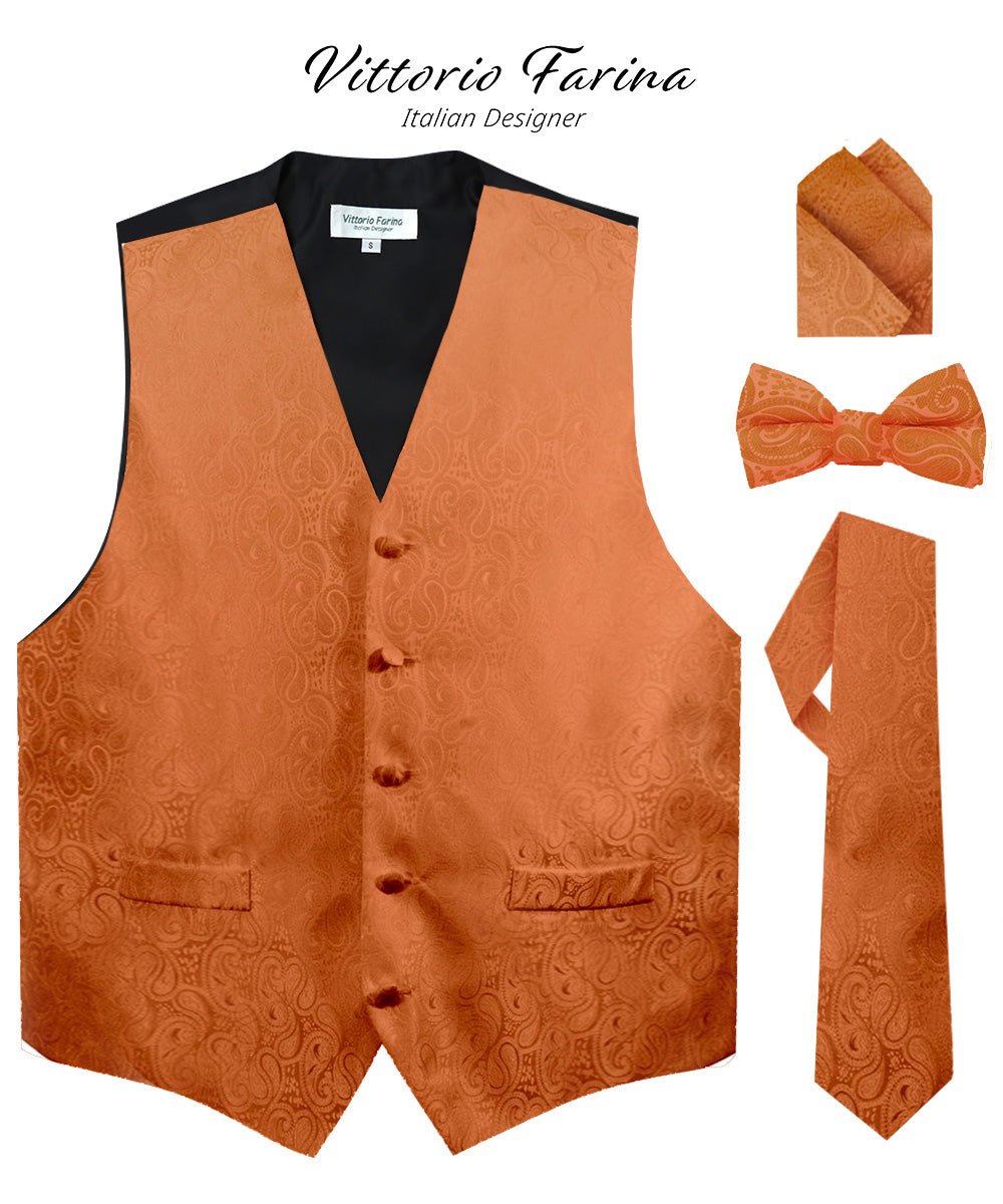 Vittorio Farina Men's Woven Paisley Vest, Necktie, Bow Tie and Pocket Square Set (Black Back) - vest_paisley_BB_burntorange_XS - Classy Cufflinks