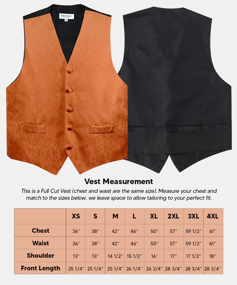 Vittorio Farina Men's Woven Paisley Vest, Necktie, Bow Tie and Pocket Square Set (Black Back) - vest_paisley_BB_burntorange_XS - Classy Cufflinks