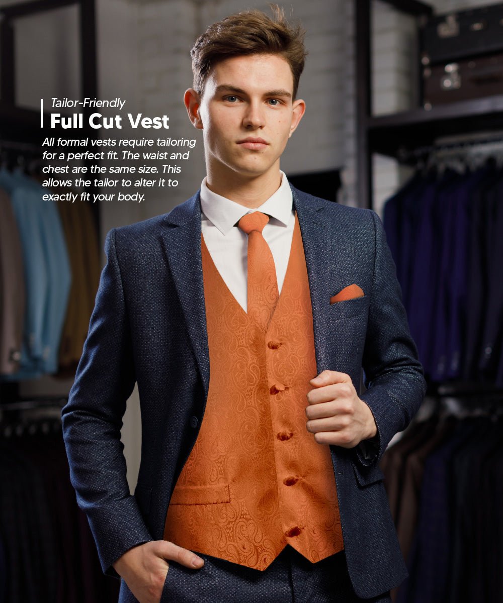 Vittorio Farina Men's Woven Paisley Vest, Necktie, Bow Tie and Pocket Square Set (Black Back) - vest_paisley_BB_burntorange_XS - Classy Cufflinks