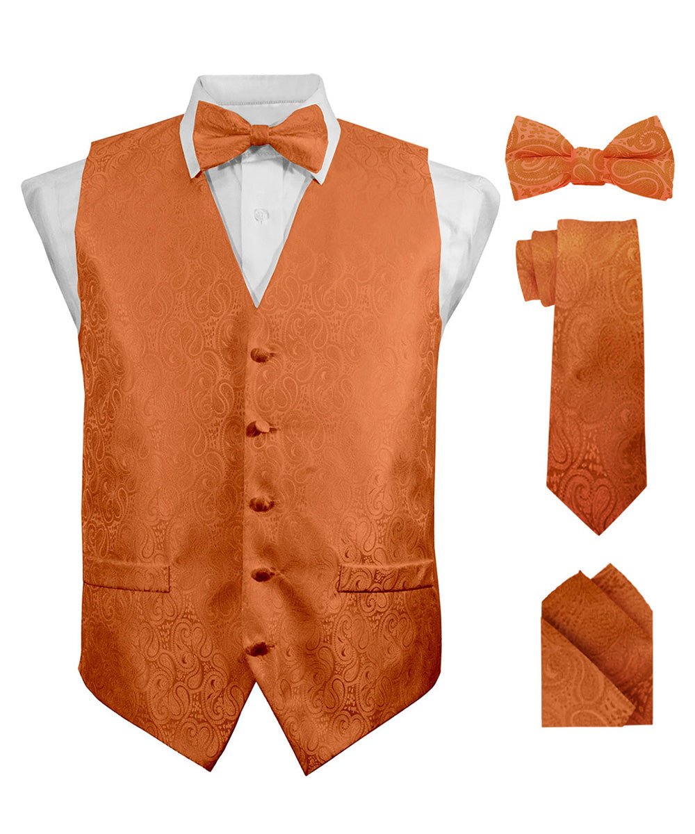Vittorio Farina Men's Woven Paisley Vest, Necktie, Bow Tie and Pocket Square Set (Black Back) - vest_paisley_BB_burntorange_XS - Classy Cufflinks