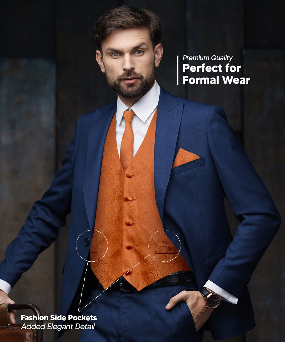 Vittorio Farina Men's Woven Paisley Vest, Necktie, Bow Tie and Pocket Square Set (Black Back) - vest_paisley_BB_burntorange_XS - Classy Cufflinks