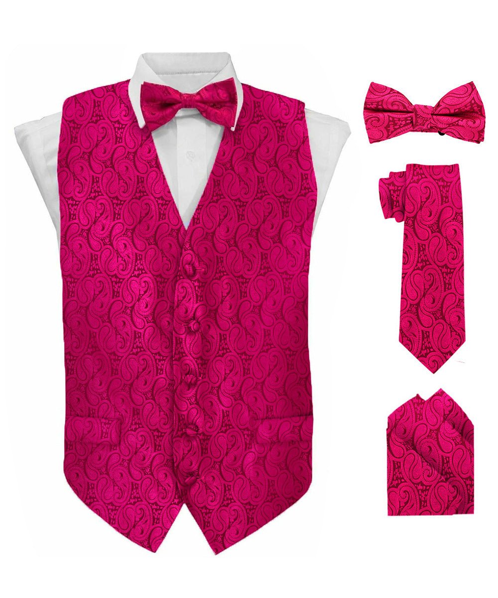 Vittorio Farina Men's Woven Paisley Vest, Necktie, Bow Tie and Pocket Square Set (Black Back) - vest_paisley_BB_hotpink_XS - Classy Cufflinks