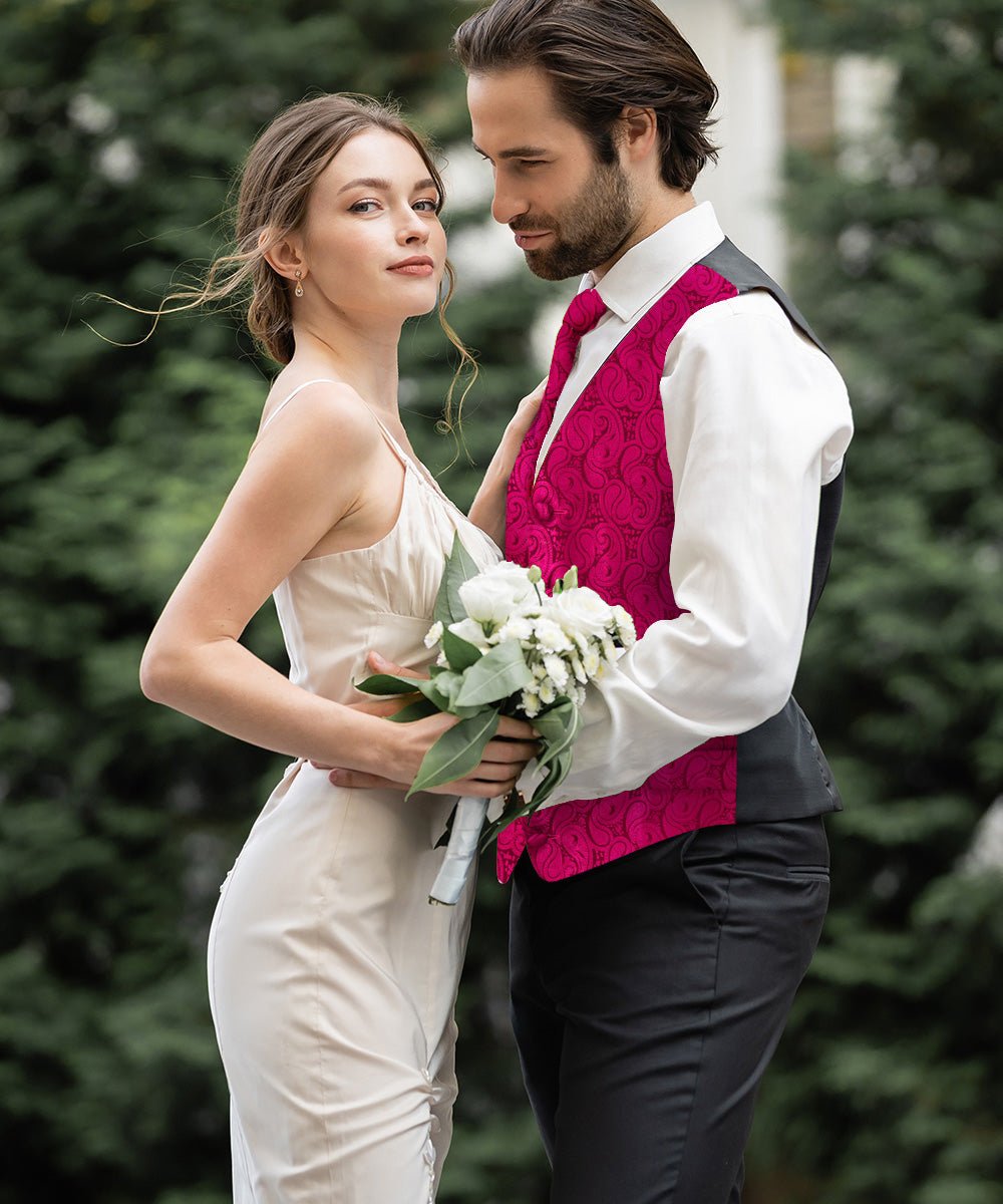 Vittorio Farina Men's Woven Paisley Vest, Necktie, Bow Tie and Pocket Square Set (Black Back) - vest_paisley_BB_hotpink_XS - Classy Cufflinks