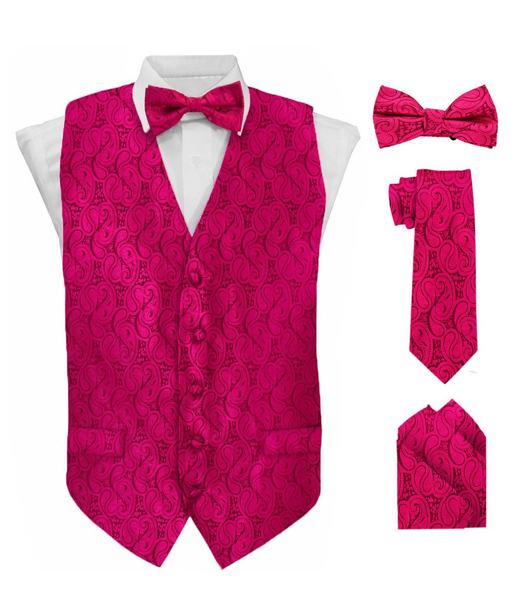 Vittorio Farina Men's Woven Paisley Vest, Necktie, Bow Tie and Pocket Square Set (Black Back) - vest_paisley_BB_hotpink_XS - Classy Cufflinks