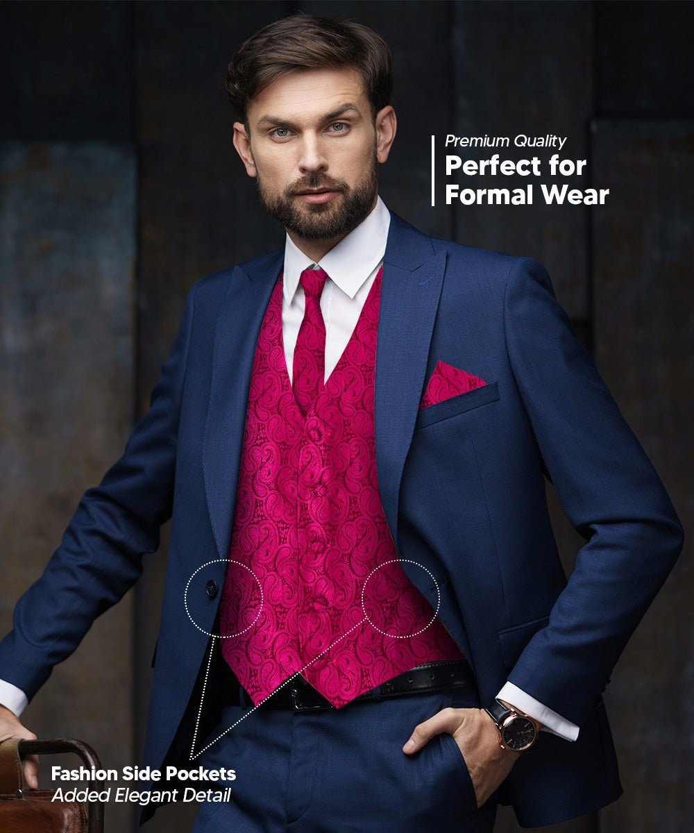 Vittorio Farina Men's Woven Paisley Vest, Necktie, Bow Tie and Pocket Square Set (Black Back) - vest_paisley_BB_hotpink_XS - Classy Cufflinks