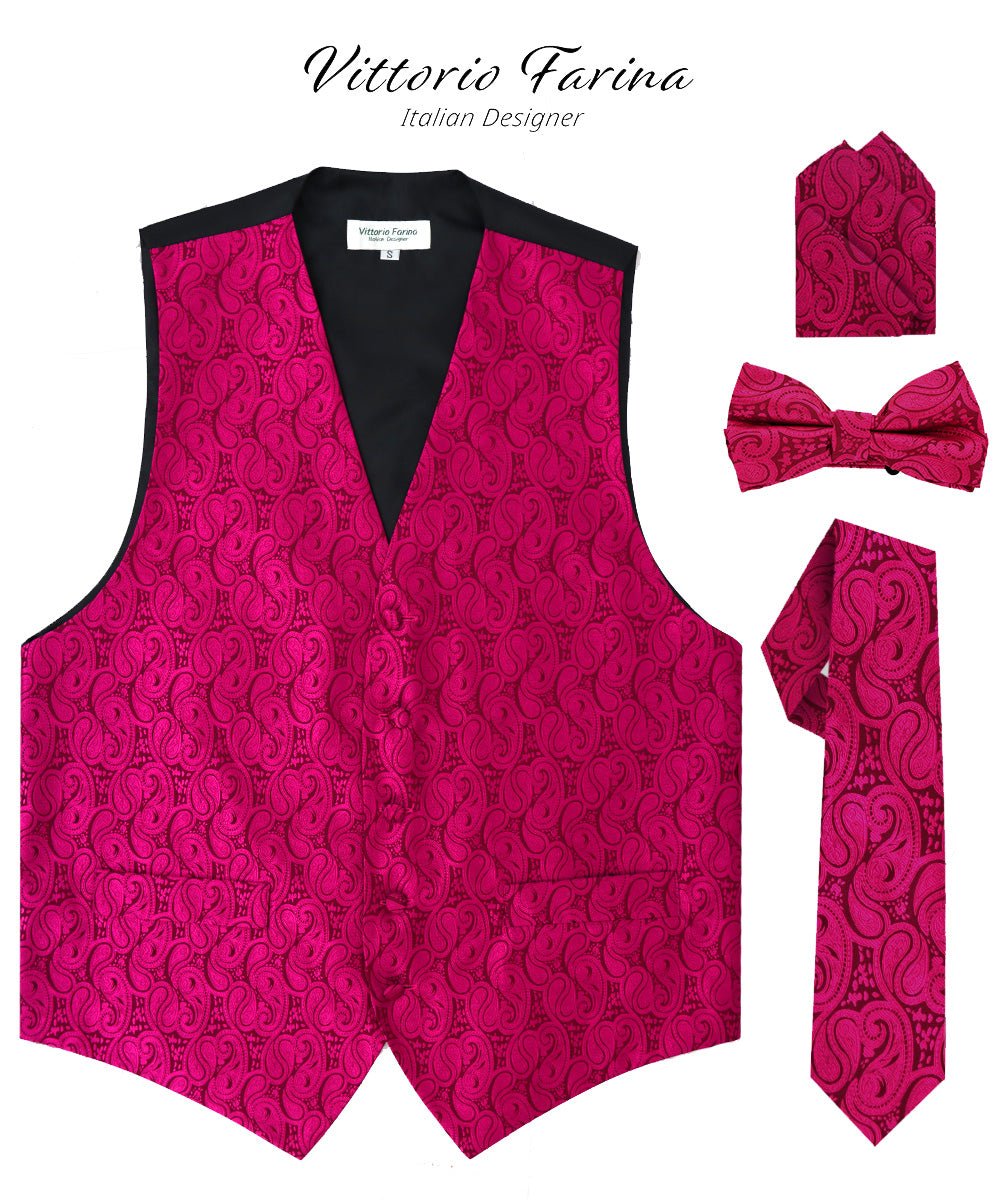Vittorio Farina Men's Woven Paisley Vest, Necktie, Bow Tie and Pocket Square Set (Black Back) - vest_paisley_BB_hotpink_XS - Classy Cufflinks