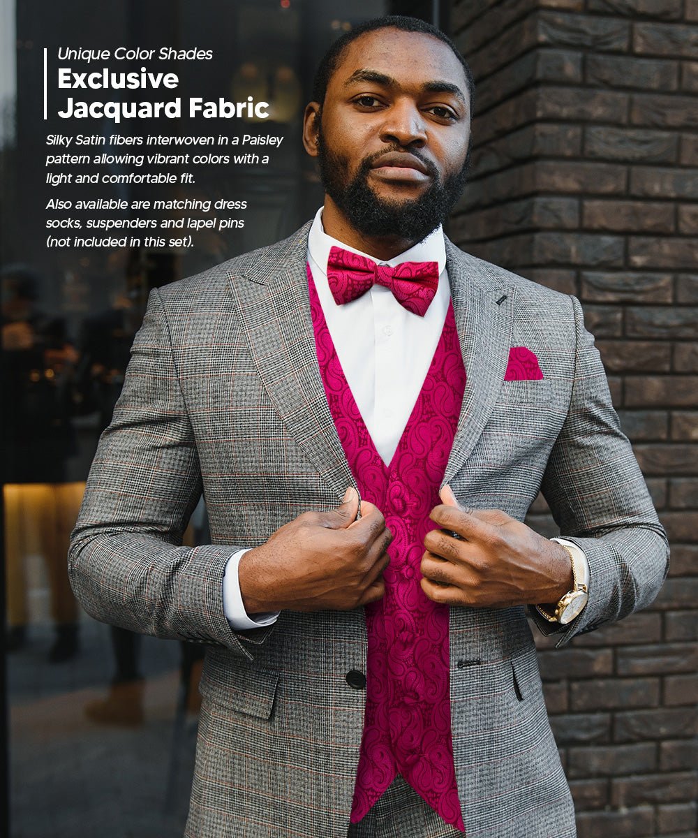 Vittorio Farina Men's Woven Paisley Vest, Necktie, Bow Tie and Pocket Square Set (Black Back) - vest_paisley_BB_hotpink_XS - Classy Cufflinks