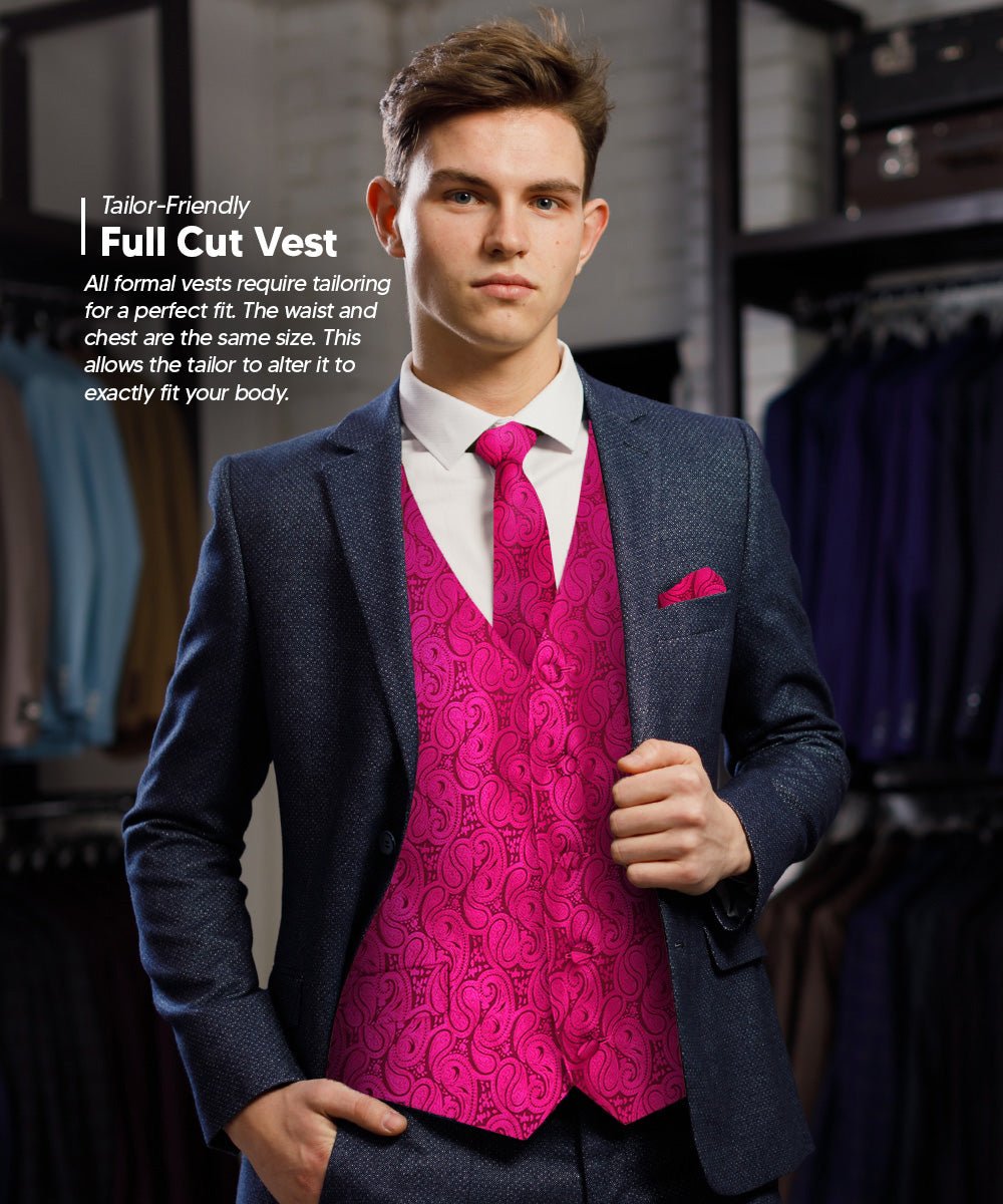 Vittorio Farina Men's Woven Paisley Vest, Necktie, Bow Tie and Pocket Square Set (Black Back) - vest_paisley_BB_hotpink_XS - Classy Cufflinks