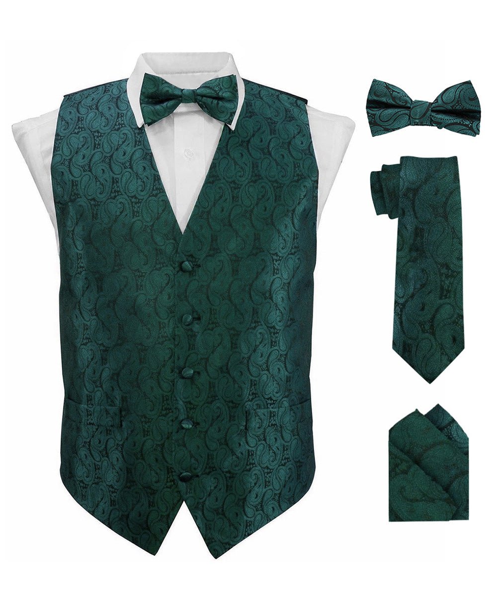 Vittorio Farina Men's Woven Paisley Vest, Necktie, Bow Tie and Pocket Square Set (Black Back) - vest_paisley_BB_hunter_XS - Classy Cufflinks