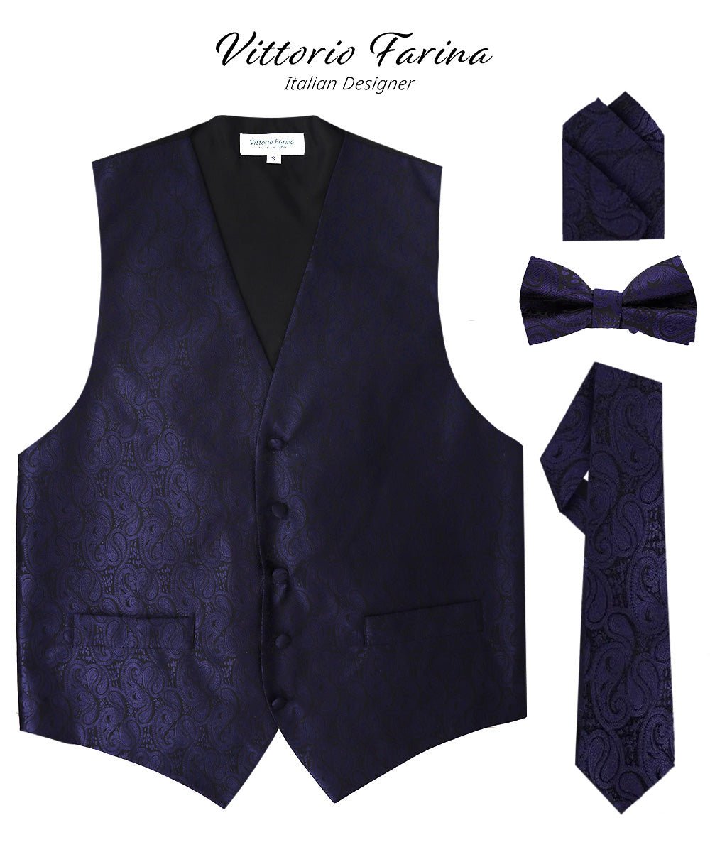 Vittorio Farina Men's Woven Paisley Vest, Necktie, Bow Tie and Pocket Square Set (Black Back) - vest_paisley_BB_navy_XS - Classy Cufflinks