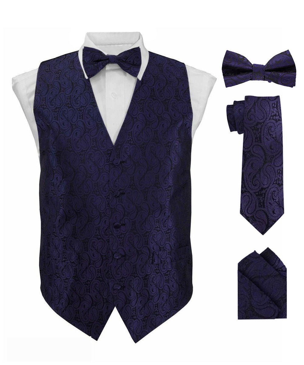Vittorio Farina Men's Woven Paisley Vest, Necktie, Bow Tie and Pocket Square Set (Black Back) - vest_paisley_BB_navy_XS - Classy Cufflinks