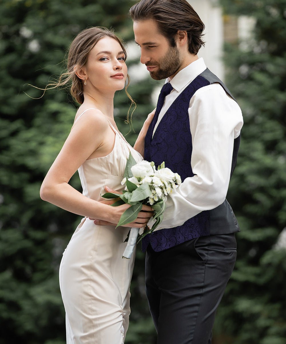 Vittorio Farina Men's Woven Paisley Vest, Necktie, Bow Tie and Pocket Square Set (Black Back) - vest_paisley_BB_navy_XS - Classy Cufflinks